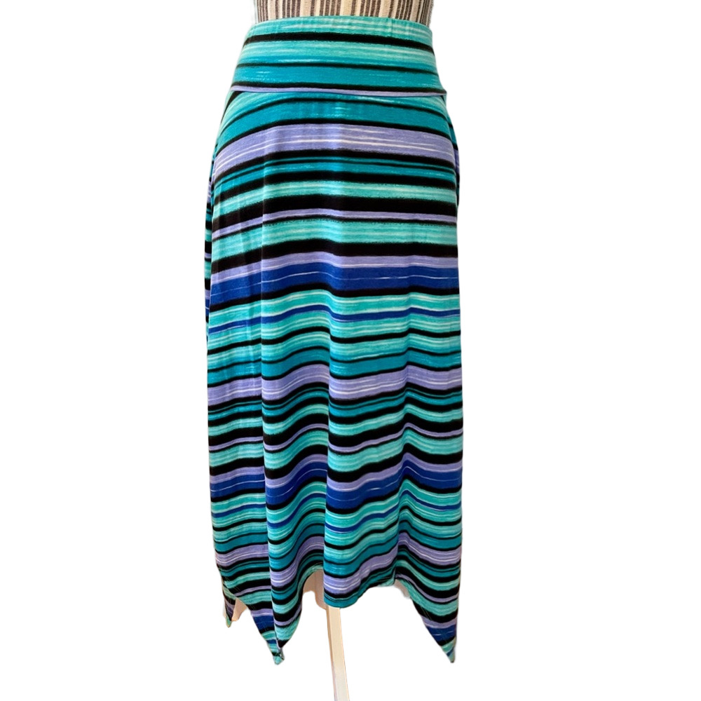 Joe B jersey knit handkerchief hem striped skirt blue green black size large